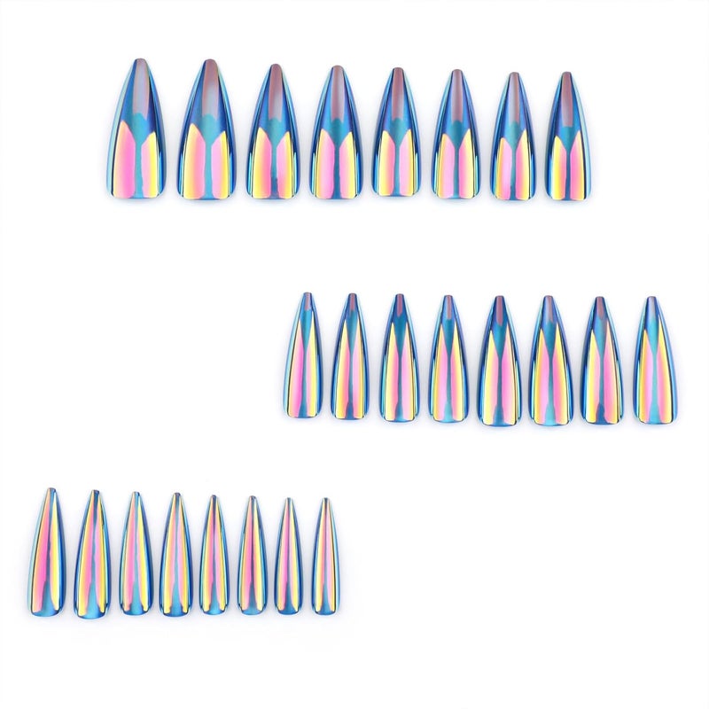 SINHOT Stiletto Press on Nails Long - Long Fake Nails, Glossy Finish, Blue Cat Eye & Chrome, DIY Artificial False Nail Art - 24 Pcs Nail Kit with Glue - Image 2